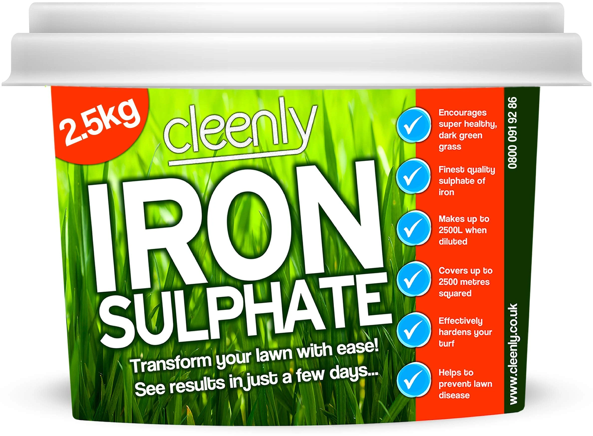Cleenly Iron Sulphate for Lawns 2.5kg (Makes up to 2500L When Diluted & Covers up to 2500m2) Pure Lawn Tonic Ferrous Sulphate of Iron Lawn Greener and Turf Hardener