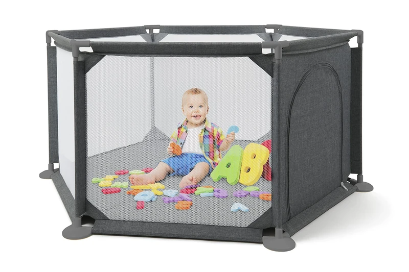 Babylo Safe and Secure Playpen, Suitable for Toddlers, with Zip up Door and Breathable mesh Dark Grey