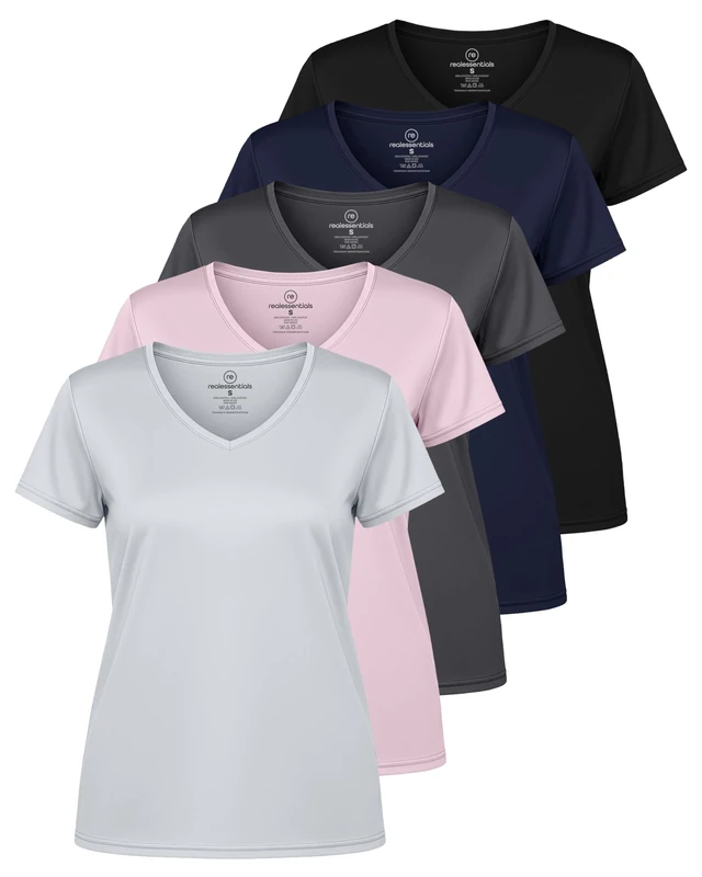 5 Pack: Womens V Neck T-Shirt Ladies Yoga Top Athletic Tees Active Wear Gym Workout Zumba Exercise Running Essentials Quick Dry Fit Dri Fit Moisture Wicking Basic Clothes - Set 6,S