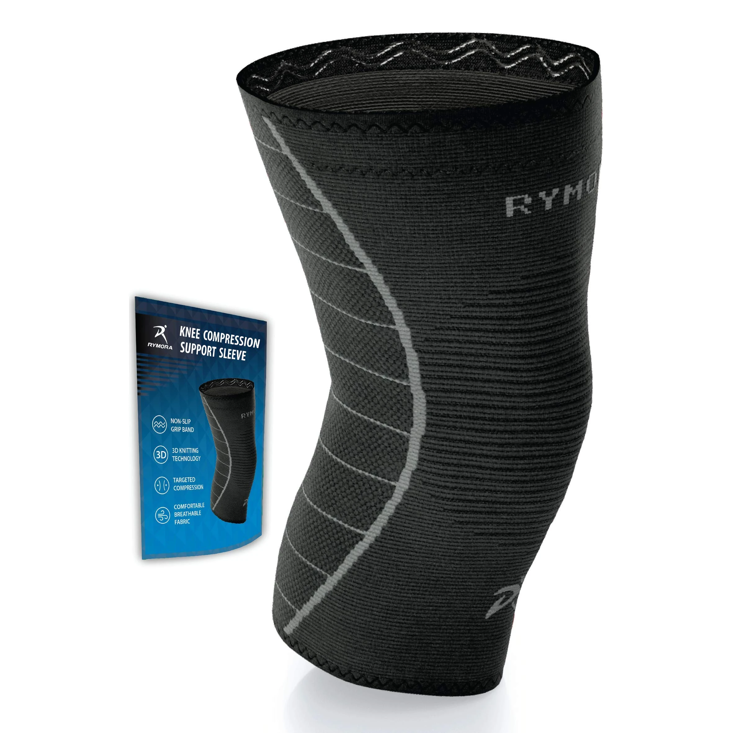 Rymora Knee Support for Men and Women - Compression Sleeve to Ease Knee Discomfort - Great for Running, Sports & Everyday Wear (Black) (Single Sleeve) (Large) [L]
