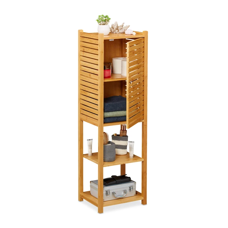 Relaxdays Bamboo Bathroom Cabinet, 5 Shelves, 1 Cupboard with Door, Kitchen Storage Unit, HWD: 113 x 35 x 29 cm, Natural - Image 1