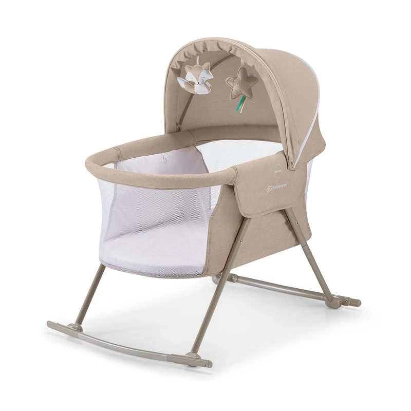 kk Kinderkraft Baby Crib 3 in 1 LOVI, Cradle, Travel Cot, Rocker, Easy Folding and Unfolding, Adjustable Canopy, with Accessories, Mattress Cover, Included Toys, Transport Bag, for Newborn, 0-9 kg, Beige