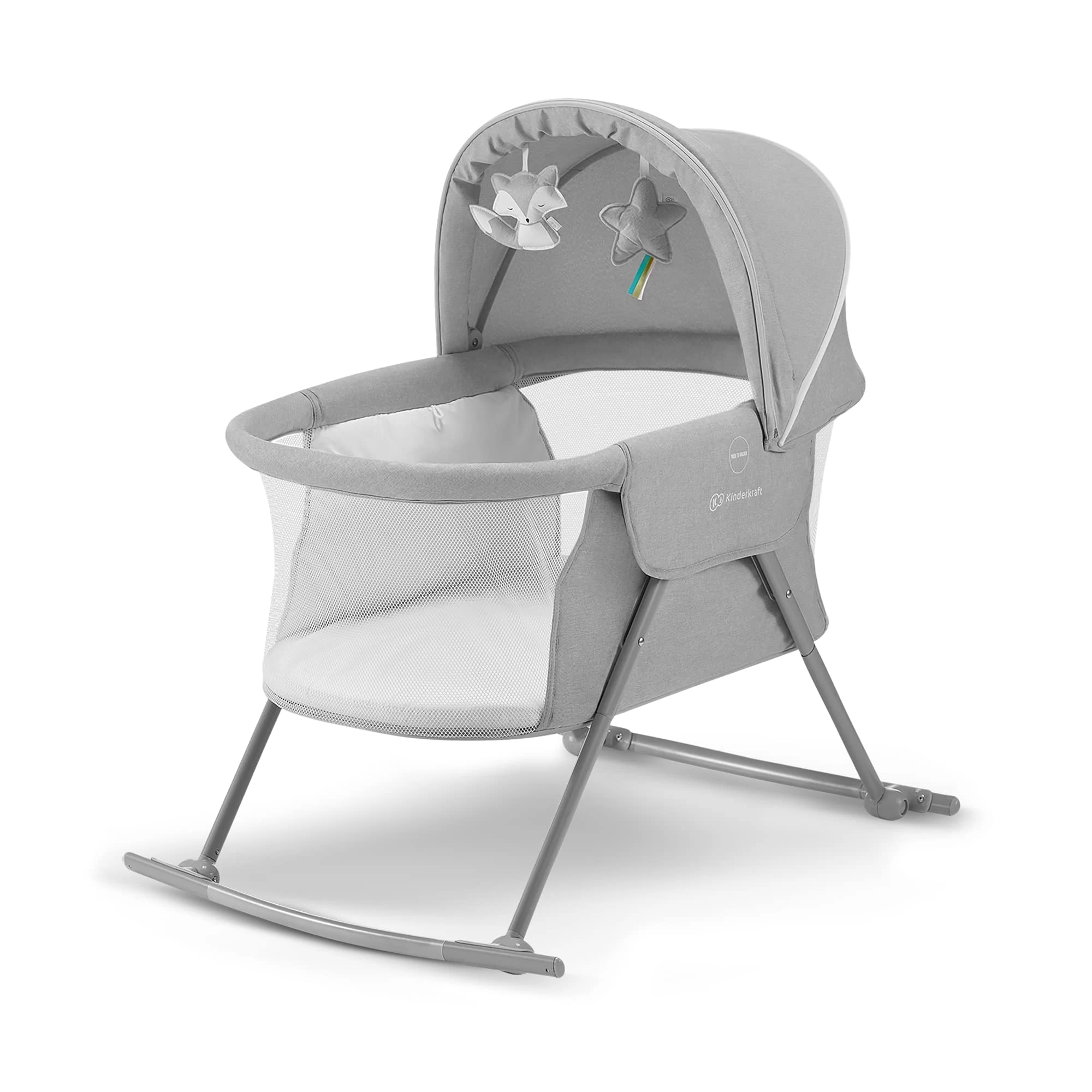 kk Kinderkraft Baby Crib 3 in 1 LOVI, Cradle, Travel Cot, Rocker, Easy Folding and Unfolding, Adjustable Canopy, with Accessories, Mattress Cover, Included Toys, Transport Bag, for Newborn, 0-9 kg, Gray