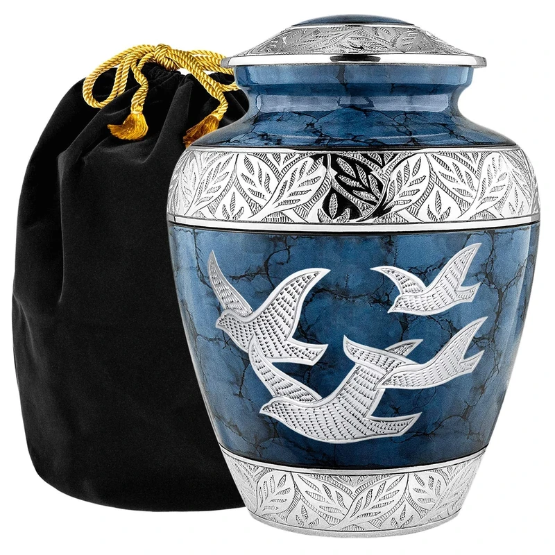 Trupoint Memorials Handcrafted Aluminium Blue Doves Cremation Urn for Adults - Up to 200 LBS