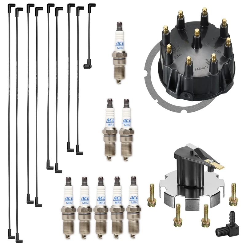 RPS Tune up kit for Mercruiser 5.0, 5.7, 7.4, 8.2 V8 Engines with Thunderbolt Ignition. Includes Spark Plug Wires, Distributor Cap/Rotor, and 8 MR43T Spark Plugs