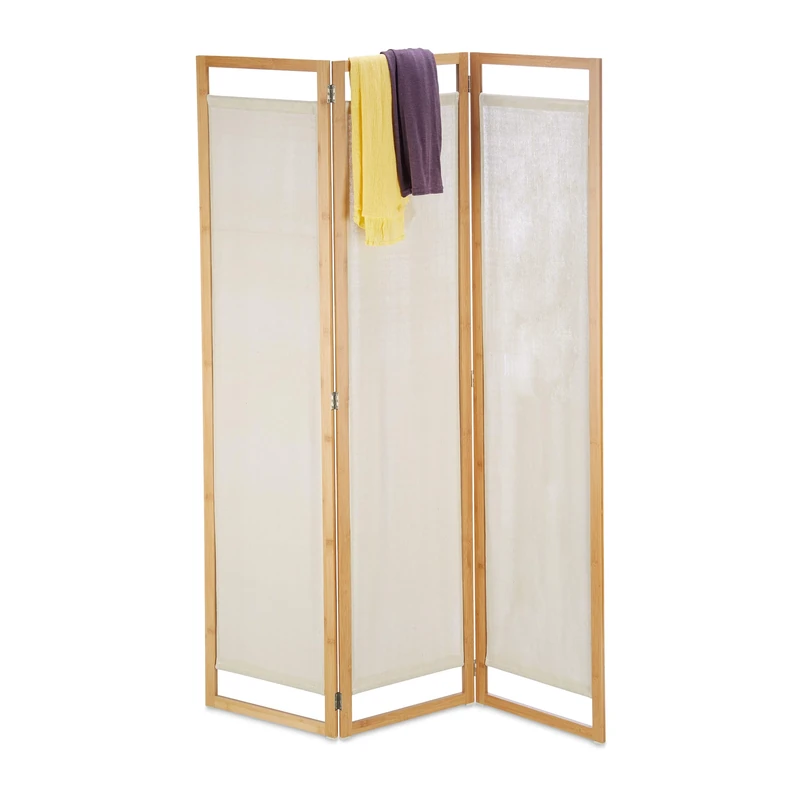 Relaxdays 3 Panel Room Divider, Folding Partition Screen, Opaque Paravent, Bamboo & Fabric, HxWxD 170x120x1.5cm, Natural