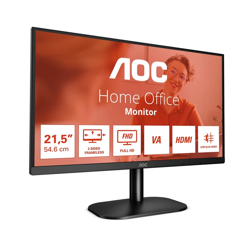AOC 22B2H - 22 inch FHD Monitor, 75Hz, VA, 7ms Frameless design, Tilt, lowBlue Mode, Flicker Free (1920 x 1080 @ 75Hz, HDMI/VGA)