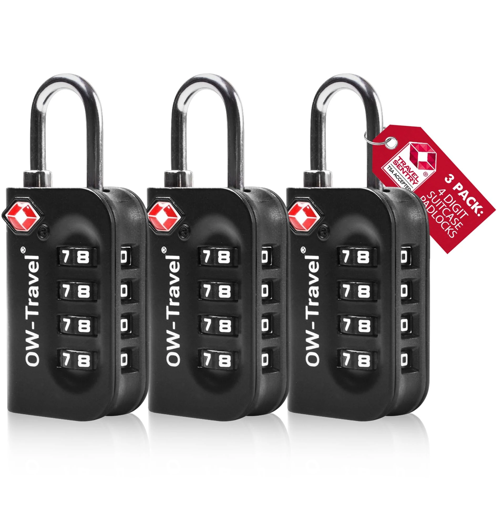 OW-Travel TSA Approved Luggage Locks Suitcase Locks (3 Pack Black) 4 Digit Security Suitcase Padlock. Travel Bag Combination Luggage Padlocks for Suitcases. TSA Travel Lock for Bags and Cases