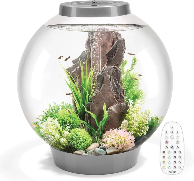 biOrb Classic 60 Acrylic Aquarium Silver, MCR Multi-Colour Remote LED Lighting, Classic Fishbowl Fish Tank with 5-Step Filtration System, Easy Setup, With Air Pump, Filter Cartridge, Ceramic Media