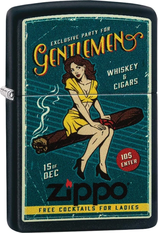 Zippo Windproof Lighter - Cigar Girl - Black Matte, Color Image - Refillable for Lifetime Use - Adjustable Flame - Gift Box - Metal Construction - Made in USA