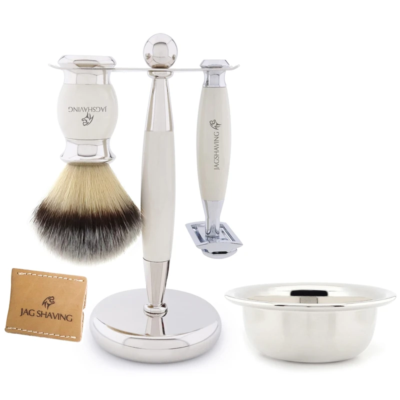 Jag Shaving Shaving Kit - Ivory Shaving Set - Shaving Set for Men - and Women - Synthetic Shaving Brush - Double Edge Safety Razor - Shaving Stand - Shaving Bowl - Leather Razor Case - Image 1