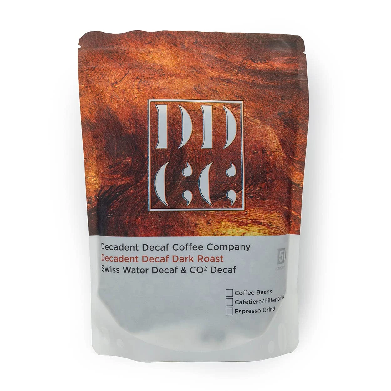 Decaffeinated Strongest Dark Roast Ground Coffee 227g - Decadent Decaf Dark Roast - For French Press Cafetiere Filter Drip V60 Aeropress - Swiss Water CO2 Process - Strength 5