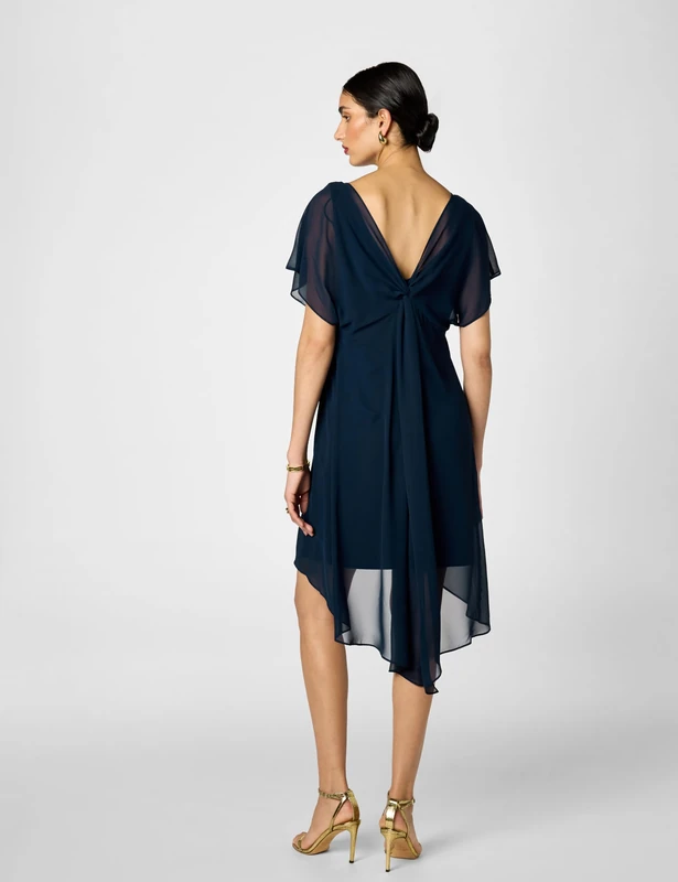 Adrianna Papell Women's Flutter Sleeve Chiffon Dress with High Low Hemline, Navy, X-Large