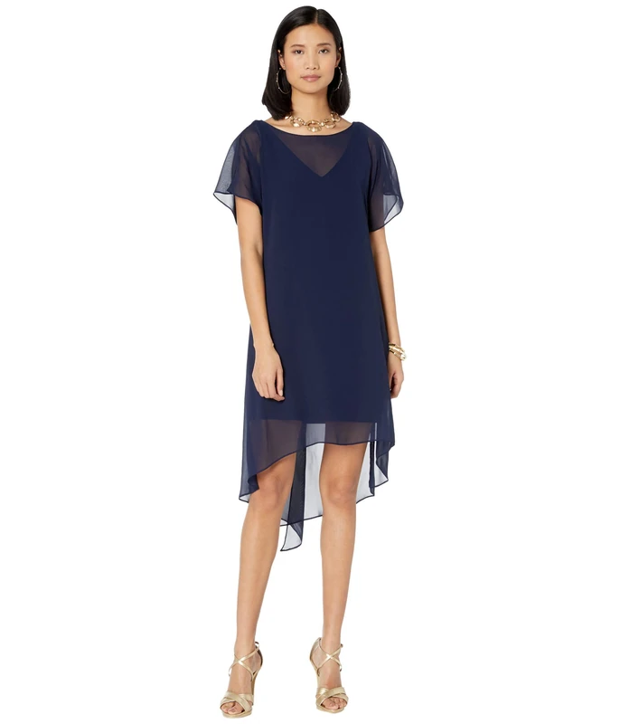 Adrianna Papell Women's Flutter Sleeve Chiffon Dress with High Low Hemline, Navy, X-Large
