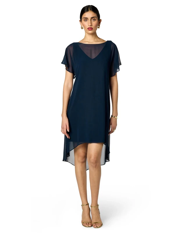 Adrianna Papell Women's Chiffon Overlay Short Dress Cocktail, Navy, L