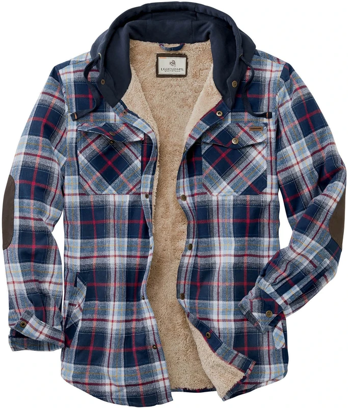 Legendary Whitetails Men's Camp Night Berber Lined Hooded Flannel Shirt Jacket, Night River Plaid, M