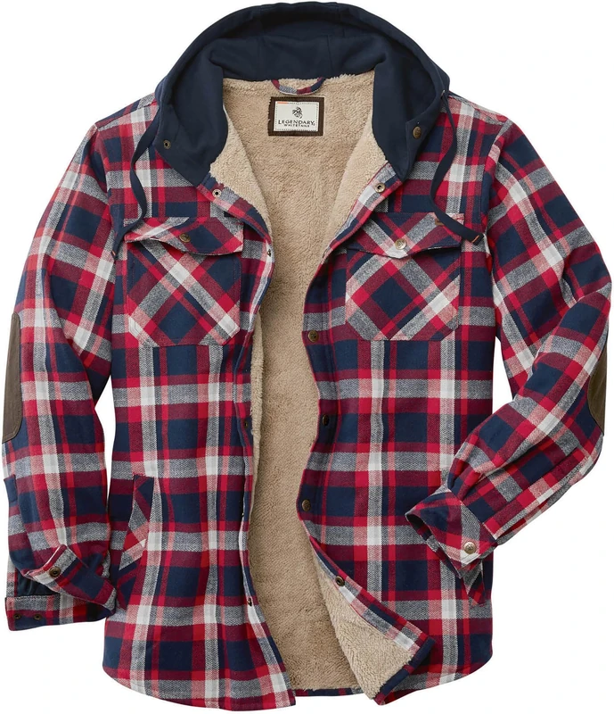 Legendary Whitetails Men's Camp Night Berber Lined Hooded Flannel Shirt Jacket, Night Racer Plaid, S