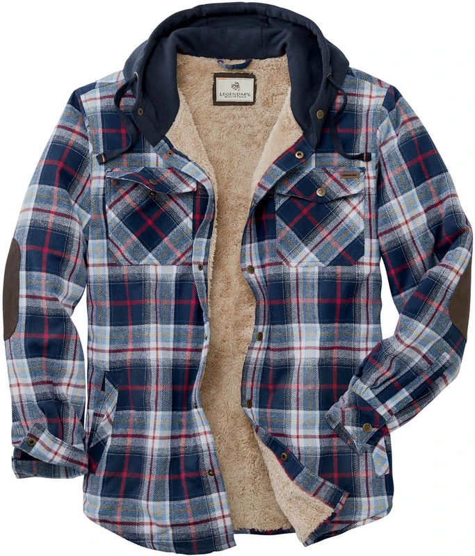 Legendary Whitetails Men's Camp Night Berber Lined Hooded Flannel Shirt Jacket, Night River Plaid, L
