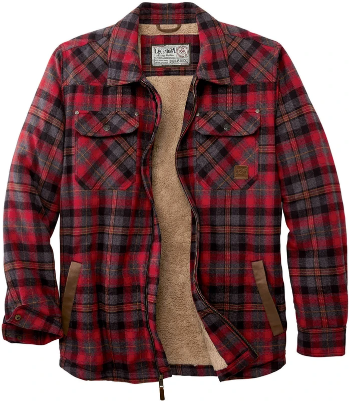 Legendary Whitetails Men's Standard Tough as Buck Berber Lined Flannel Shirt Jacket, Rugged Red Plaid, Medium