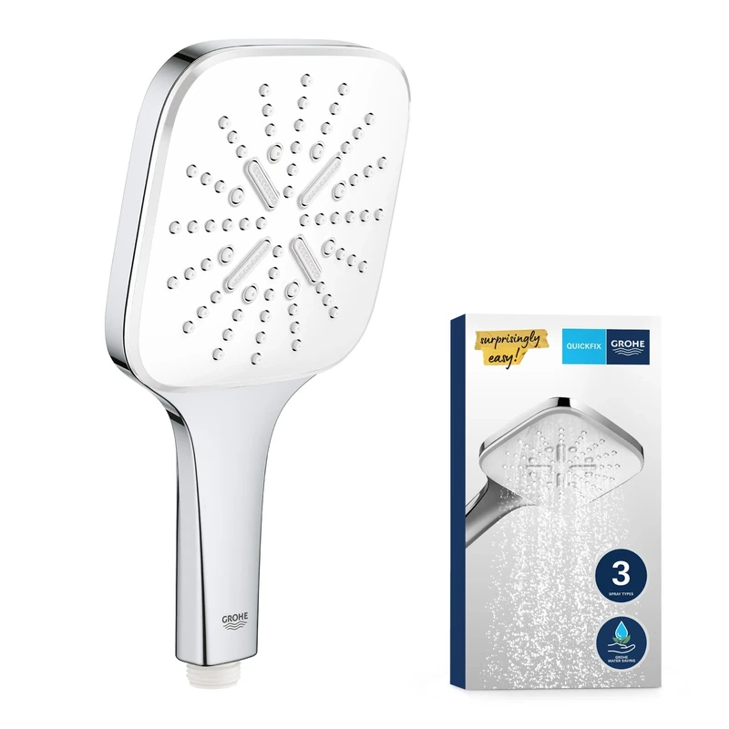 GROHE Vitalio 130 SmartActive Cube - Hand Shower 13cm (Push Button with 3 Spray Selection, Water Saving, Anti-Limescale System, Universal Mounting System), Chrome with Spray Plate Moon White, 26595000