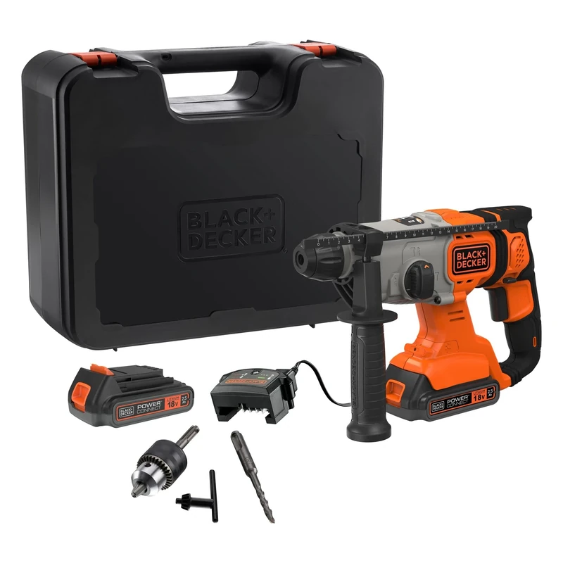 Black+Decker 18V SDS-plus Akku-Kombihammer (1,2 Joule, für effektives Bohren, Schlagbohren und leichte Meißelarbeiten, LED-Arbeitsleuchte, inkl. 2x Akkus, Ladegerät, Koffer, 1x 6mm Bohrer) BCD900E2K