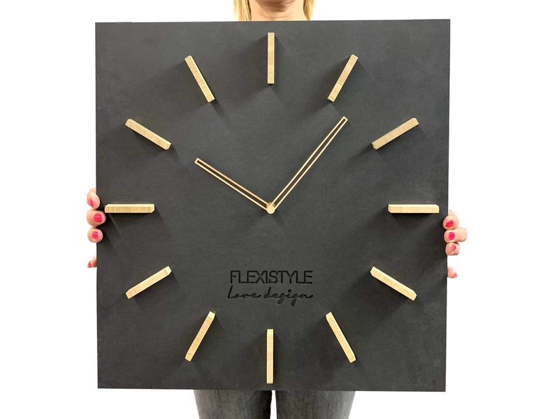 FLEXISTYLE Large EKO Rectangular Wall Clock without Ticking Noises Loft Grande Black 50 cm (Thickness 19 mm), Living Room, Bedroom, Made in the EU