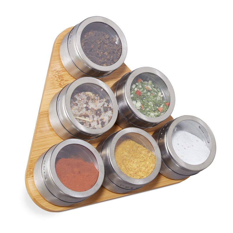 Relaxdays Spice Rack, 6 Stainless Steel Containers, Magnetic Jars, Bamboo Support, Standing, Natural, Silver, 1 Item