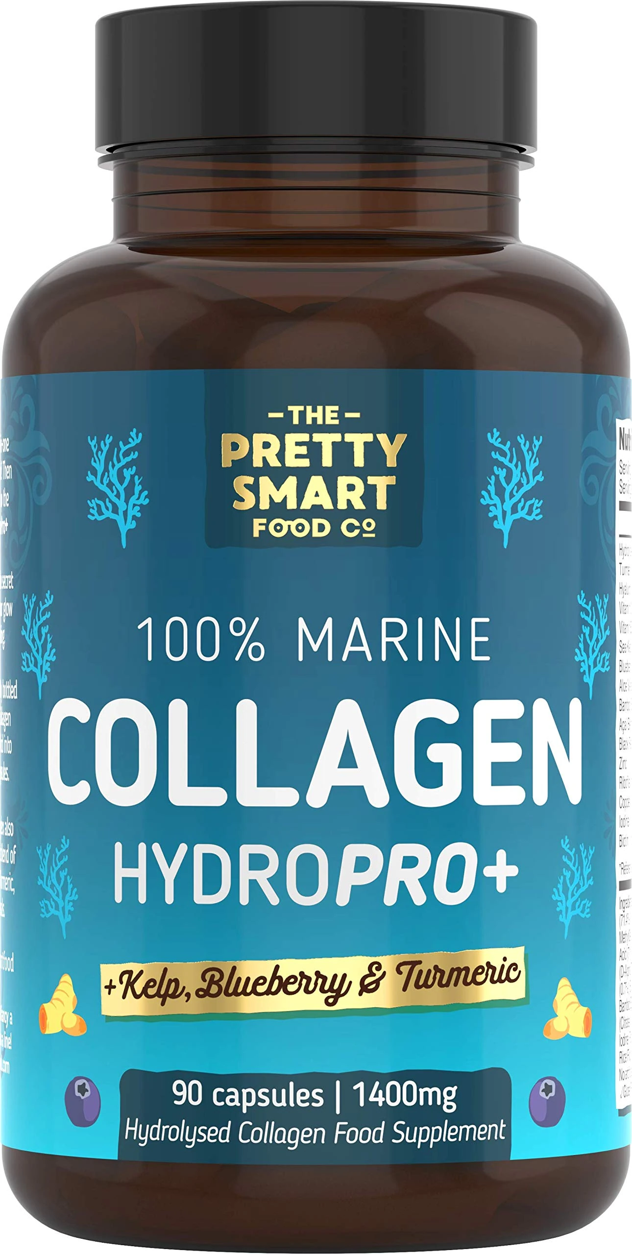 Marine Collagen Supplements For Women - with Hyaluronic Acid, Biotin, Blueberry & Vitamins - 1400MG - Pure Hydrolyzed Peptides - 45 Day Supply - 90 Capsules (not tablets) - UK Made - Pretty Smart Food