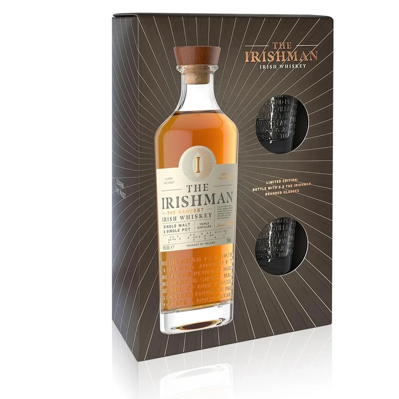 The Irishman The Harvest Irish Whiskey Gift Pack with 2 Glasses 70cl 40% Blended Irish Whiskey - Triple Distilled from 100% Barley & Oak Cask Aged - Pot Still & Single Malt Blend