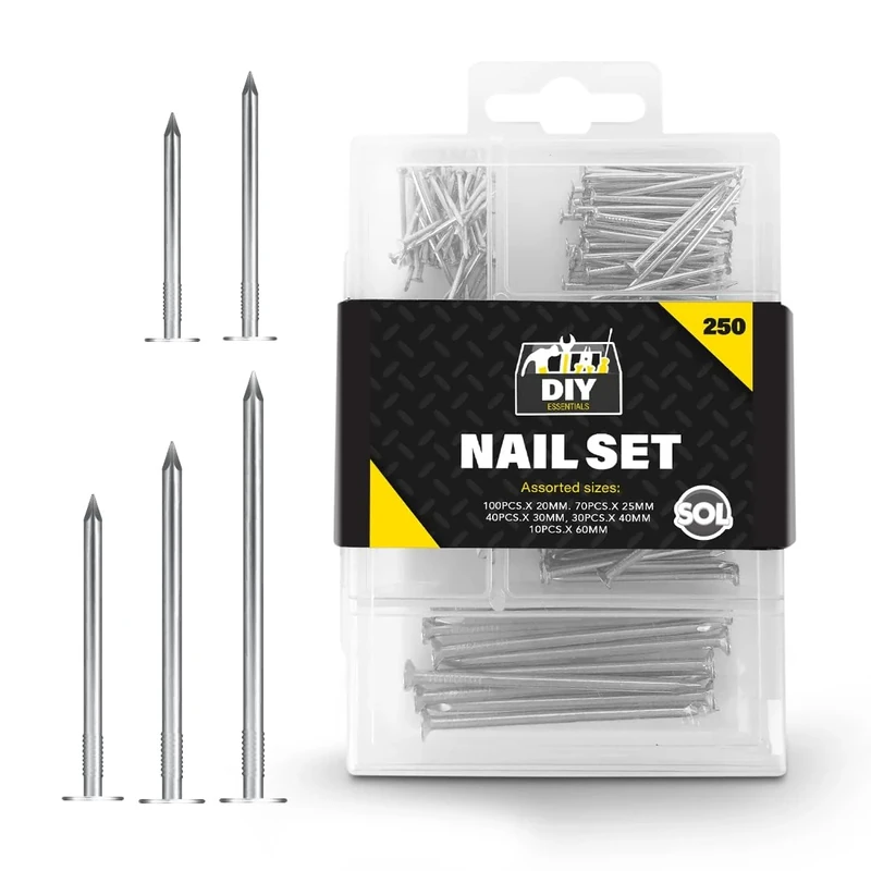 SOL 250pk Masonry Nails Assorted 60mm 40mm 30mm 25mm 20mm Hardened Steel Fixings for Brick Concrete Stone Walls DIY Construction Repairs Home Improvement Supplied in Organised Storage Box