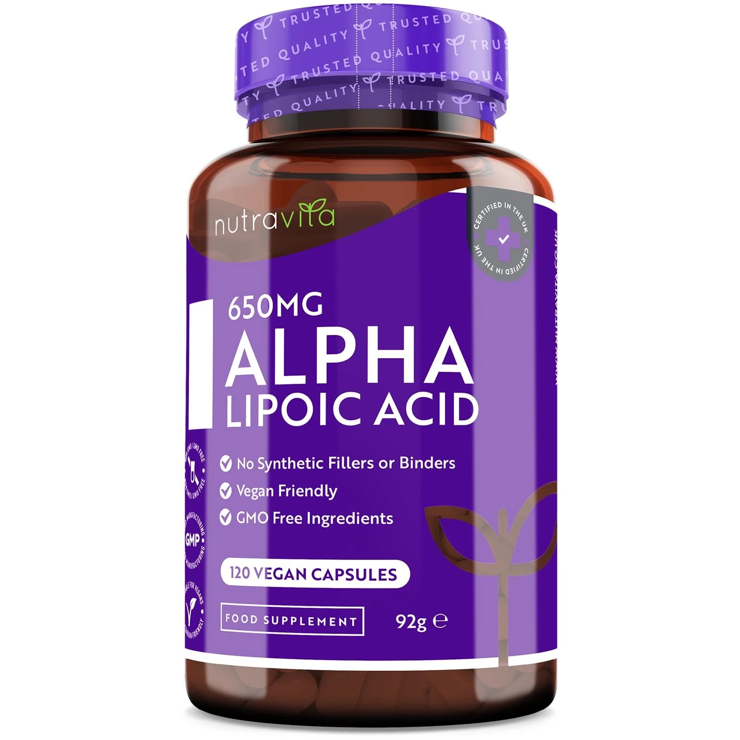 Alpha Lipoic Acid 650mg – 120 High Strength ALA Vegan Friendly Capsules – 4 Month Supply – Alpha-Lipoic Acid – No Synthetic Binders or Fillers – Made in The UK by Nutravita