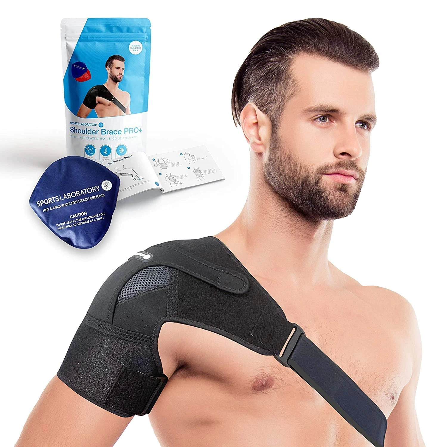 Sports Laboratory Shoulder Support for Women and Men, Shoulder Brace Includes Hot and Cold Gel Pack for Frozen Shoulder, Rotator Cuff Pain Relief, Adjustable Shoulder Strap for Extra Comfort (Medium)