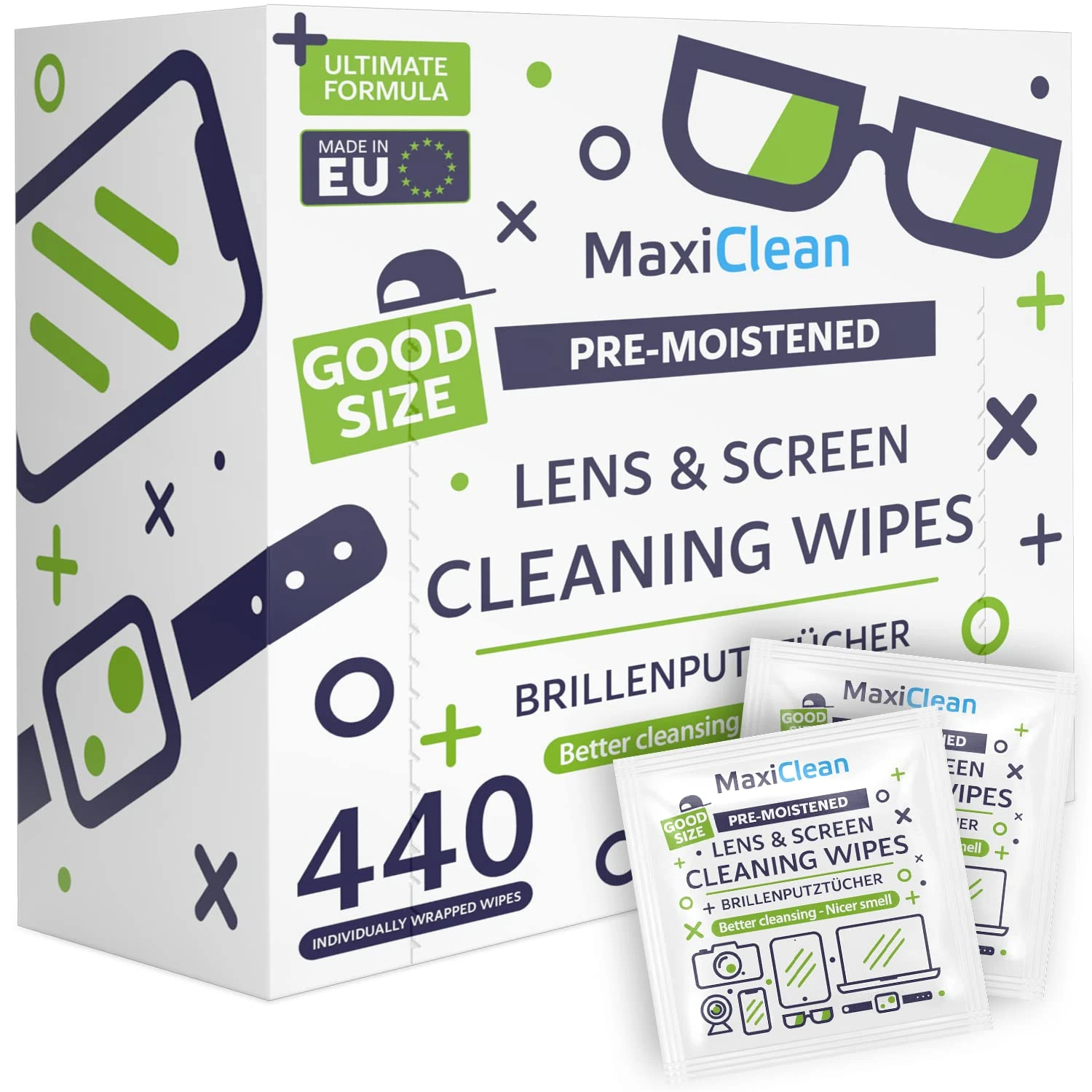 440 Premium Eye Glasses Cleaning Wipes Streak-Free Lens and Spectacle Cleaner, Individually Wrapped Pack of 440 Phone & Laptop Screen Camera Lens Optical Wipes, Car Mirror Glass Tissue Bulk 5.5 x 4.7