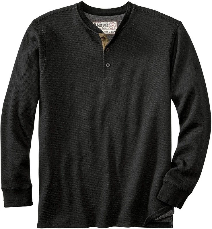 Legendary Whitetails Men's Tough as Buck Double Layer Thermal Henley Shirt-Casual Long Sleeve Waffle Knit Regular Fit, Black, XL Tall