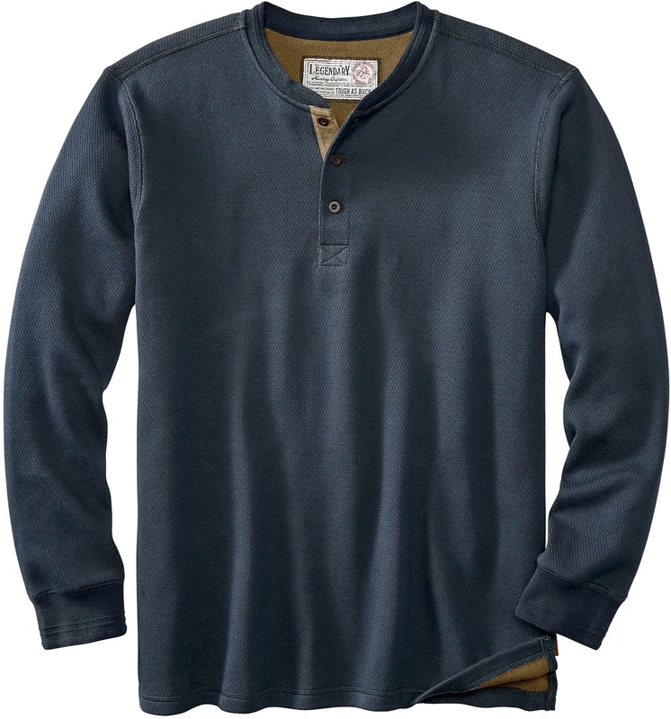 Legendary Whitetails Men's Tough as Buck Double Layer Thermal Henley Shirt-Casual Long Sleeve Waffle Knit Regular Fit, Navy, L Big Tall
