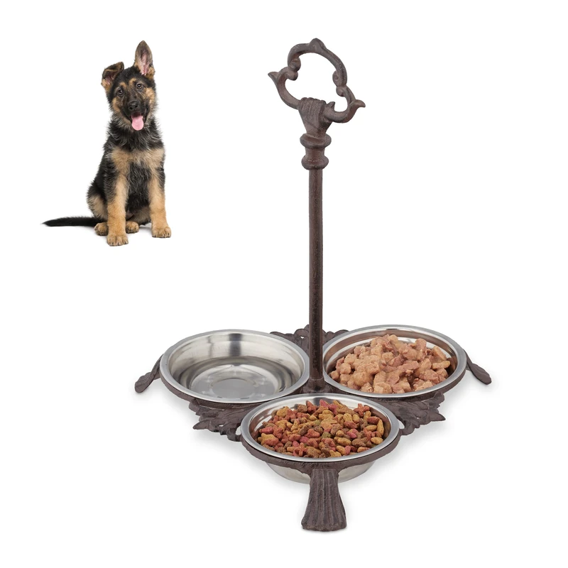 Relaxdays Cast Iron Feeding Station for Cats & Dogs, 3 Stainless Steel Bowls, Antique, Handle, Outdoor, Dark Brown