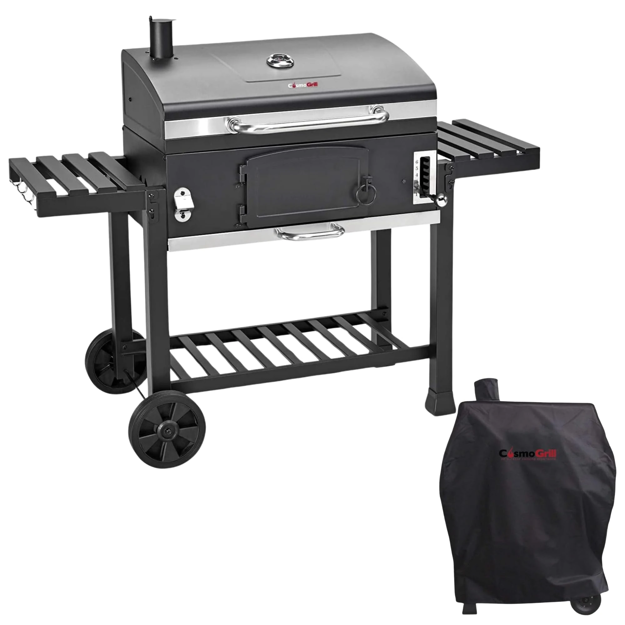 CosmoGrill Outdoor XXL Smoker Barbecue Charcoal Portable BBQ Grill with Waterproof Cover | Adjustable Charcoal Pan, Warming Rack and Thermometer | Large Coal BBQ Smoker for Home Garden Party Cooking