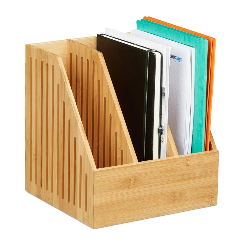 Relaxdays Bamboo Magazine File, 3 Compartments, A4 Document Storage, Office Desk Organiser, HxWxD: 30x28x26.5cm, Natural, 1 Item