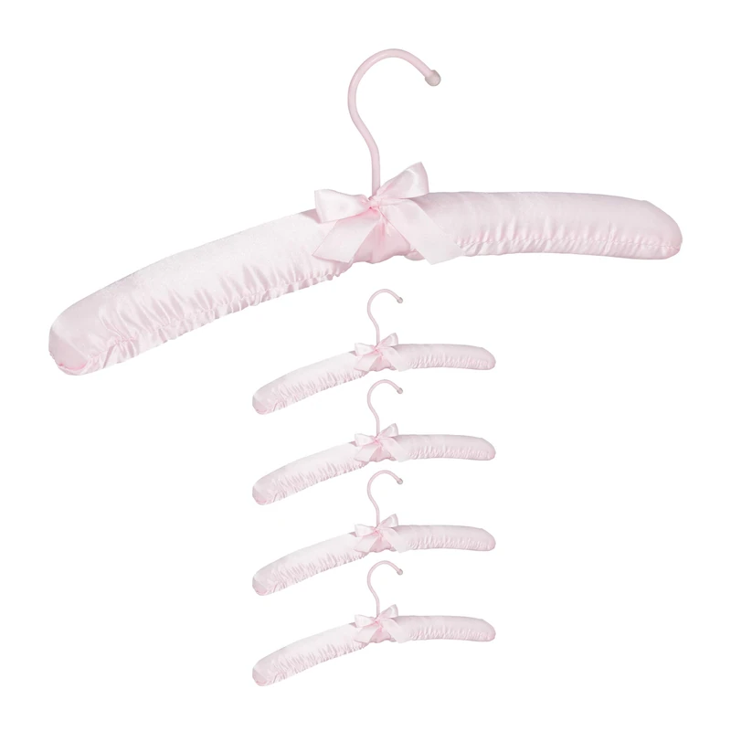 Relaxdays Satin Clothes Hanger Set of 5, Soft Padding, 360° Swivel Hooks, Decorative Bow, 38 cm Wide, Pink, Wood, Pack of 5