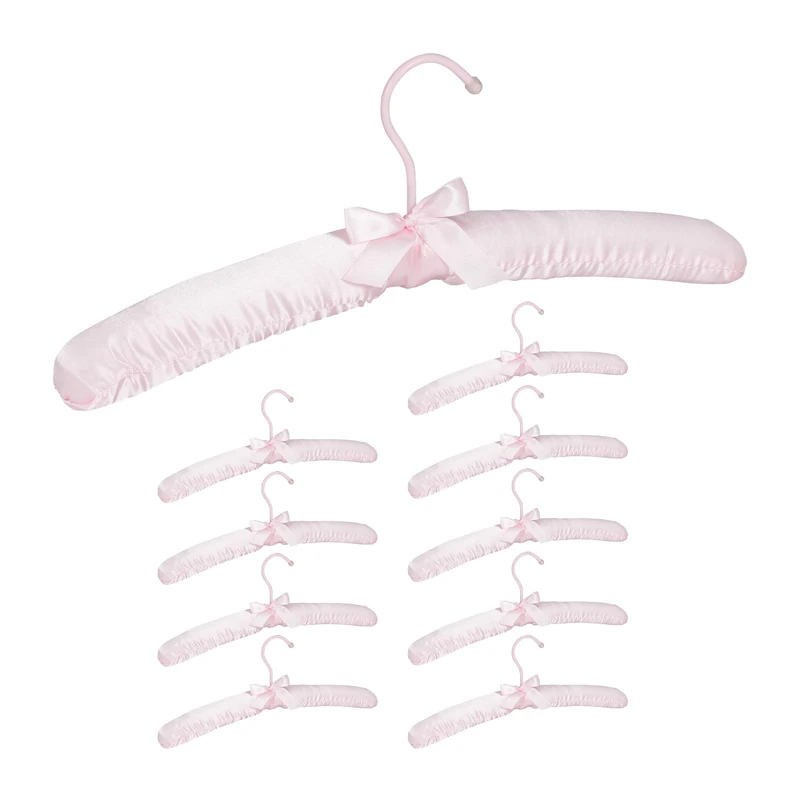 Relaxdays Satin Clothes Hanger Set of 10, Soft Padding, 360° Swivel Hooks, Decorative Bow, 38 cm Wide, Pink, Wood, Pack of 10