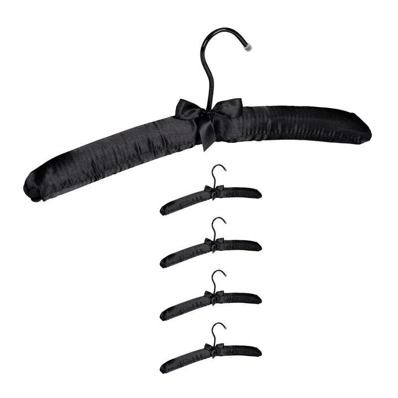 Relaxdays Satin Clothes Hanger Set of 5, Soft Padding, 360° Swivel Hooks, Decorative Bow, 38 cm Wide, Black, Wood, Pack of 5