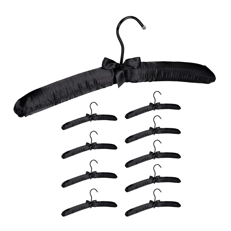 Relaxdays Satin Clothes Hanger Set of 10, Soft Padding, 360° Swivel Hooks, Decorative Bow, 38 cm Wide, Black, Pack of 10