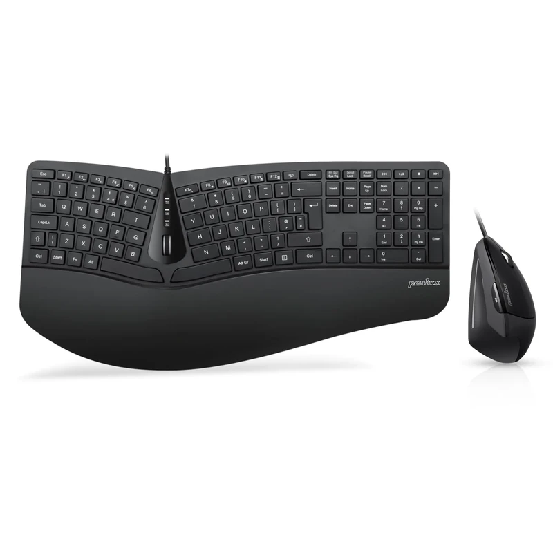 Perixx Periduo-505, Wired Ergonomic Split Keyboard and Vertical Mouse Combo with Adjustable Palm Rest and Membrane Low Profile Keys, UK Layout