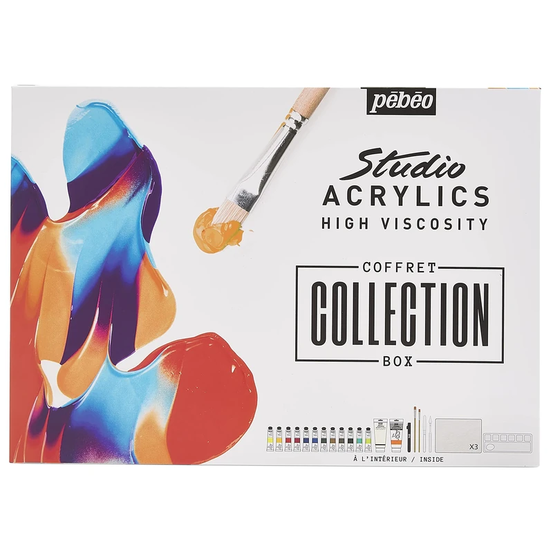 Pebeo - Studio Acrylics Collection Set - 12 Tubes 20ml + Titanium White 100ml + Modeling Paste + 1 Black Acrylic Marker + 2 Brushes + 4 Painting Knives, 1 Palette, 3 Canvas Boards.