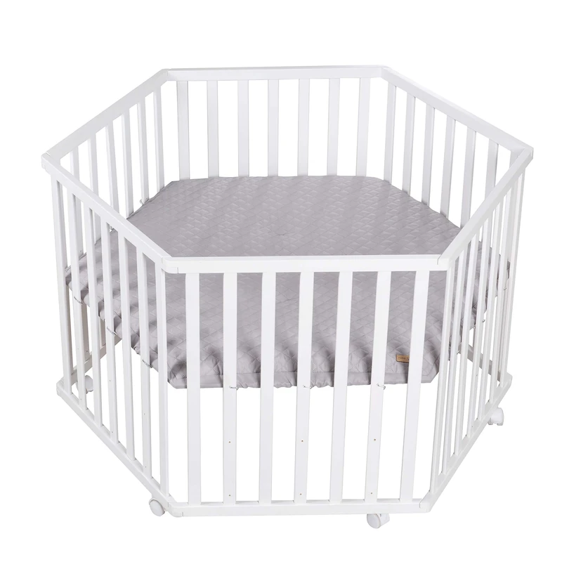 roba Hexagonal Playpen - Baby Play Pen Hexagonal + Insert roba Style Grey - 3-Way Height Adjustable - Mobile Playpen with Wheels - Wood White