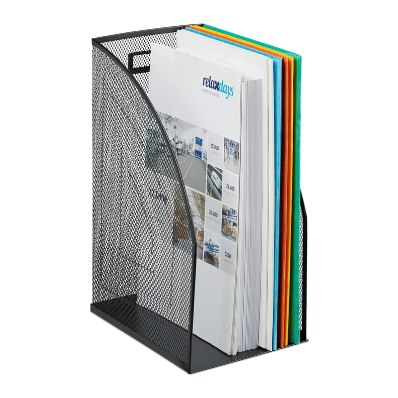 Relaxdays Mesh Magazine File Holder, A4 Metal Document Storage, Office Desk Organiser, Wide, HxWxD: 32x16x24.5 cm, Black, steel, 1 Item