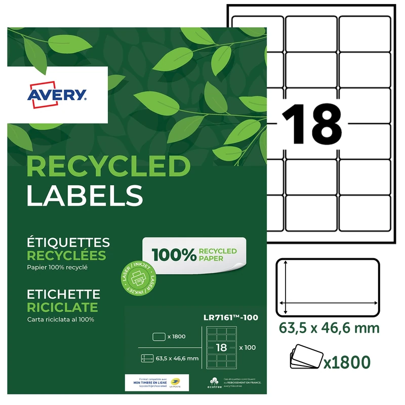 AVERY - 1800 White Customizable Self-Adhesive Labels - 100% Recycled - Size 63.5 x 46.6 mm - Laser and Inkjet Printing