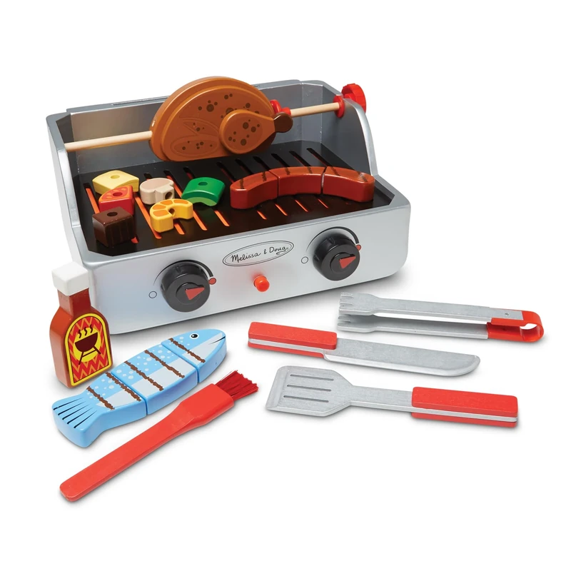 Melissa & Doug Rotisserie & Grill Barbecue Set – 24-Piece Wooden Playset with Rotating Skewer, BBQ Sauce & Utensils – Interactive Pretend Play Toy for Kids Age 3 Plus