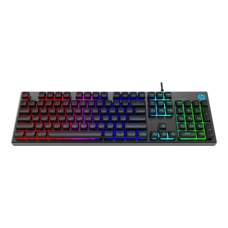 HP K500F Wired Backlit Membrane Gaming Keyboard with Mixed Color Lighting, Metal Panel with Logo Lighting, 26 Anti-ghosting Keys,
