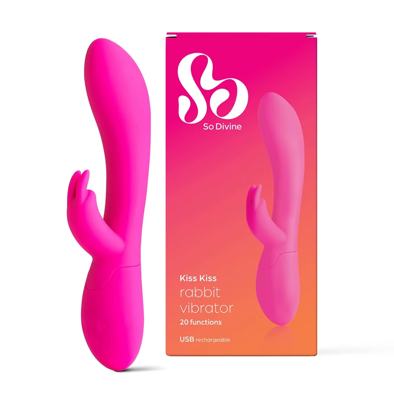 So Divine Kiss Kiss Rabbit Vibrator Pink Rechargeable Personal Massager Waterproof Portable, Pink, 449 gram